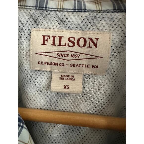 Filson Plaid Short Sleeve Vented Shirt Mens XS Navy Gold Outdoor Travel Fishing - Picture 2 of 7